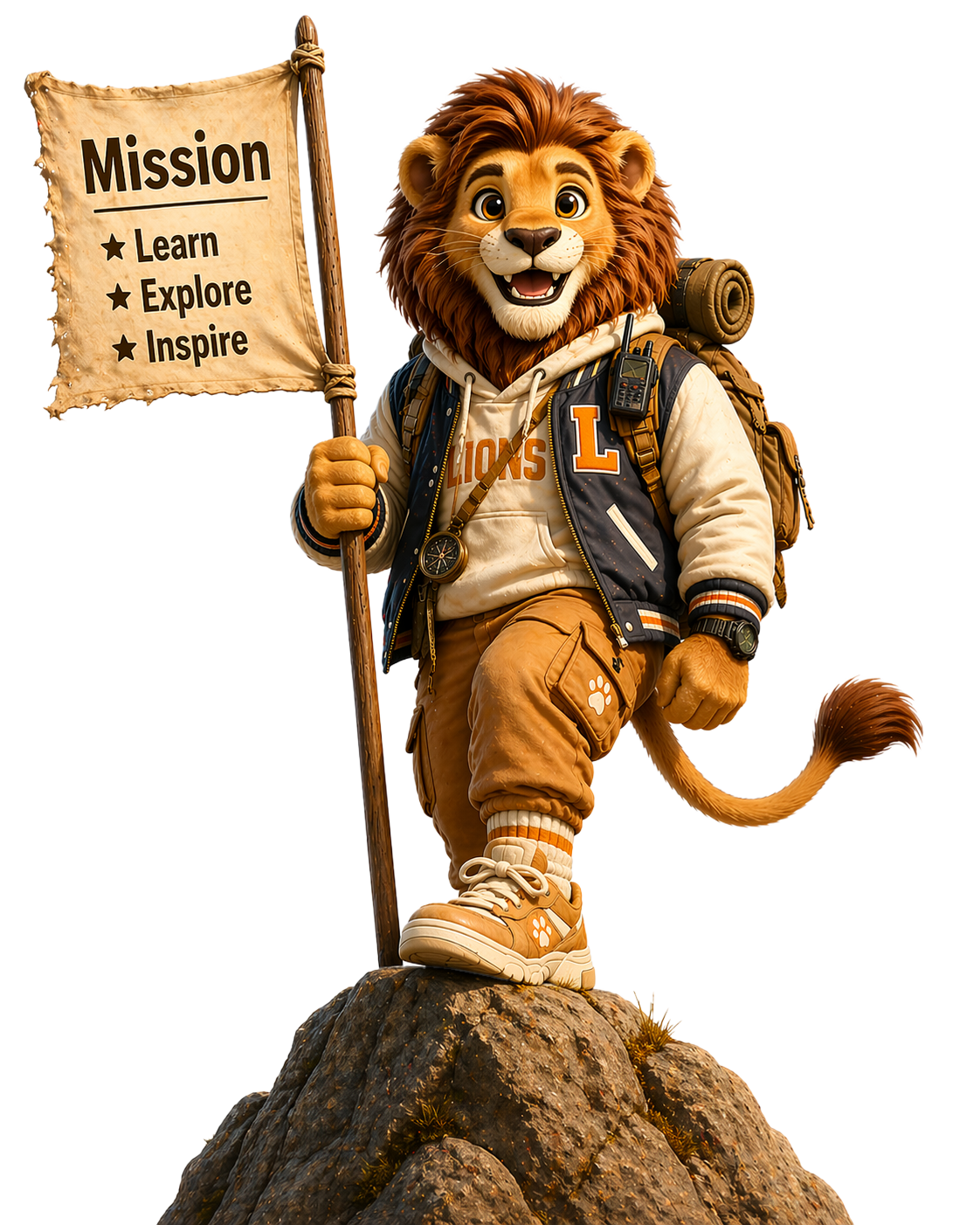 Lion mascot holding a mission flag